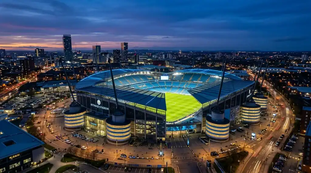 Vue nocturne de l'Etihad Stadium pour le mercato 2026 de Manchester City, illustrant la fin de l'ère Guardiola.