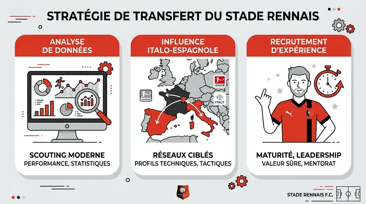 Infographie stratégie mercato 2026 Stade Rennais : analyse de données et recrutement de joueurs d'expérience.