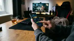 Gamer effectuant un paiement sécurisé sur smartphone pour une plateforme de jeu en ligne dans un setup moderne