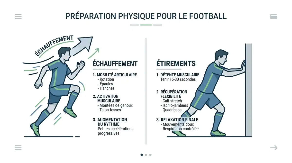 Infographie illustrant l'échauffement et les étirements pour prévenir les crampes chez le footballeur.