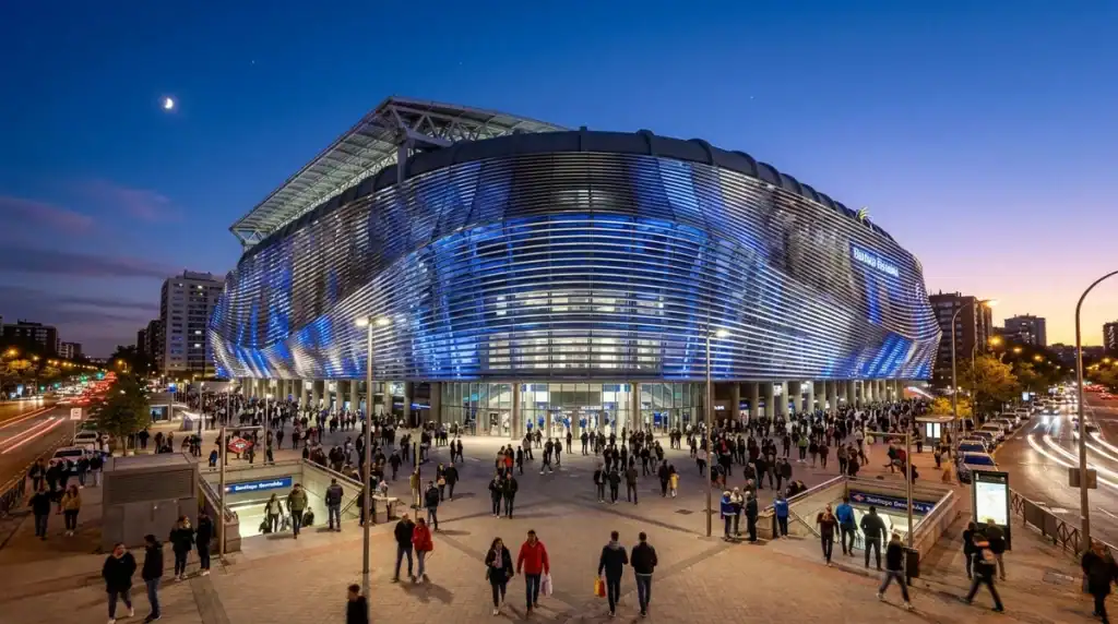 Façade futuriste du stade Santiago Bernabéu illuminée de nuit, symbole du Real Madrid et de son mercato 2026.