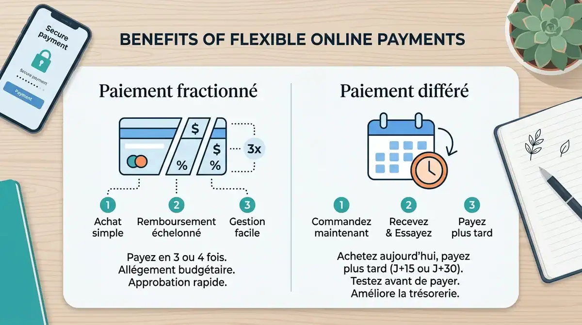 Infographie montrant les avantages du paiement fractionné et différé pour optimiser ses paiements en ligne de jeux.