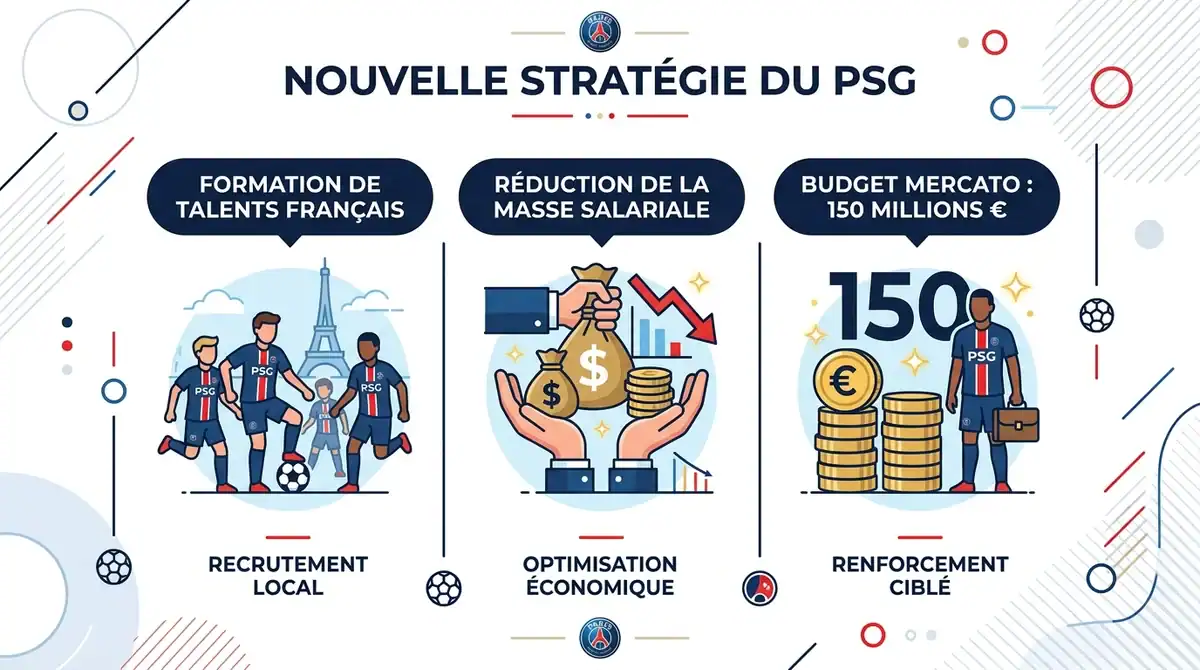 Infographie stratégie PSG 2026 : formation talents français, baisse masse salariale et budget mercato 150 millions.