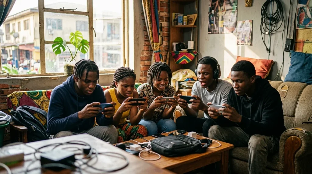 Jeunes Africains concentrés sur leurs smartphones lors d'une session d'esport dans un salon lumineux.