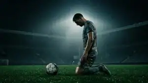 Joueur de football professionnel seul sur le terrain humide d'un stade plongé dans le brouillard et la mélancolie