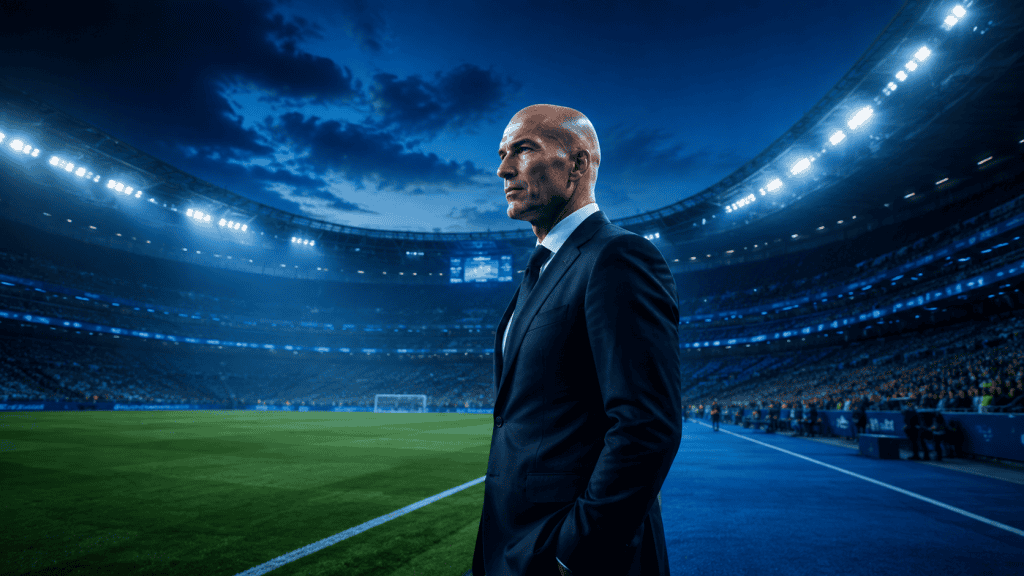 Zinédine Zidane debout sur le bord d'un terrain de football illuminé en bleu, symbolisant son poste de sélectionneur de l'équipe de France.