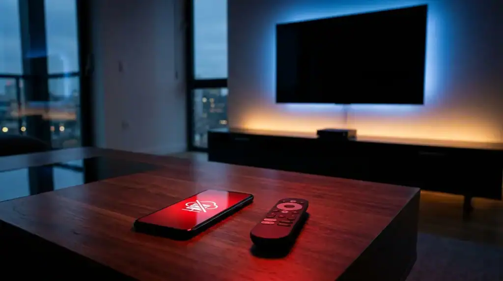 Smartphone et box TV moderne dans un salon design pour illustrer la recherche de services de streaming comme Mobdro.