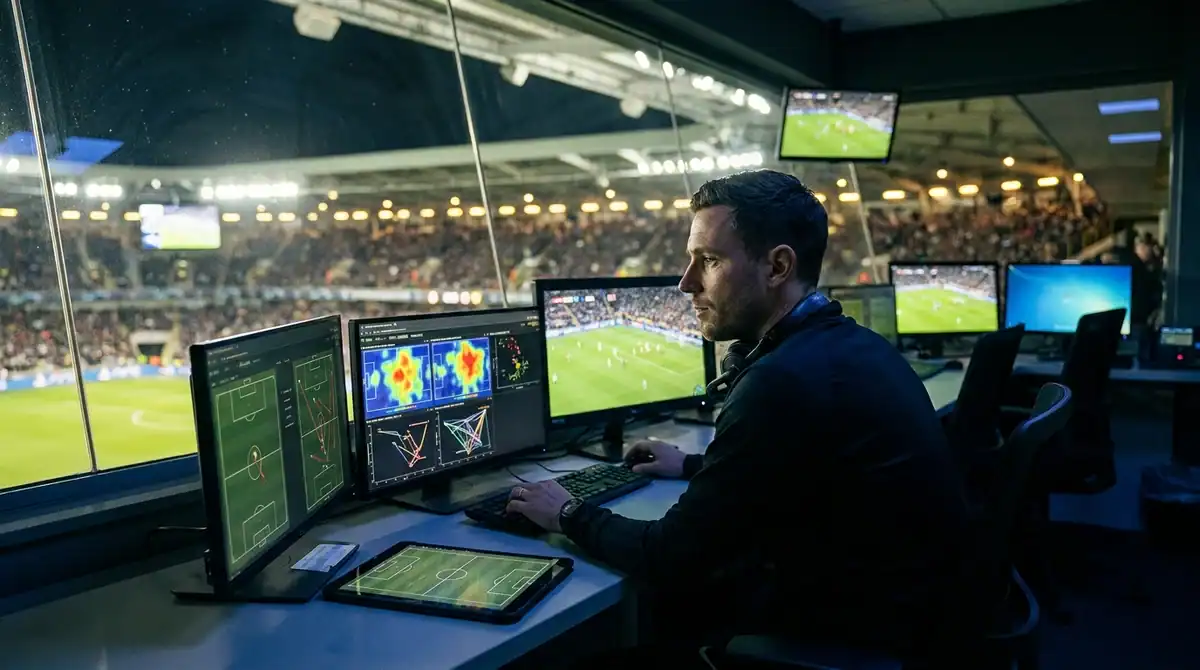 Analyste vidéo travaillant dans un centre de contrôle tactique moderne pour l'analyse de matchs de football professionnel.