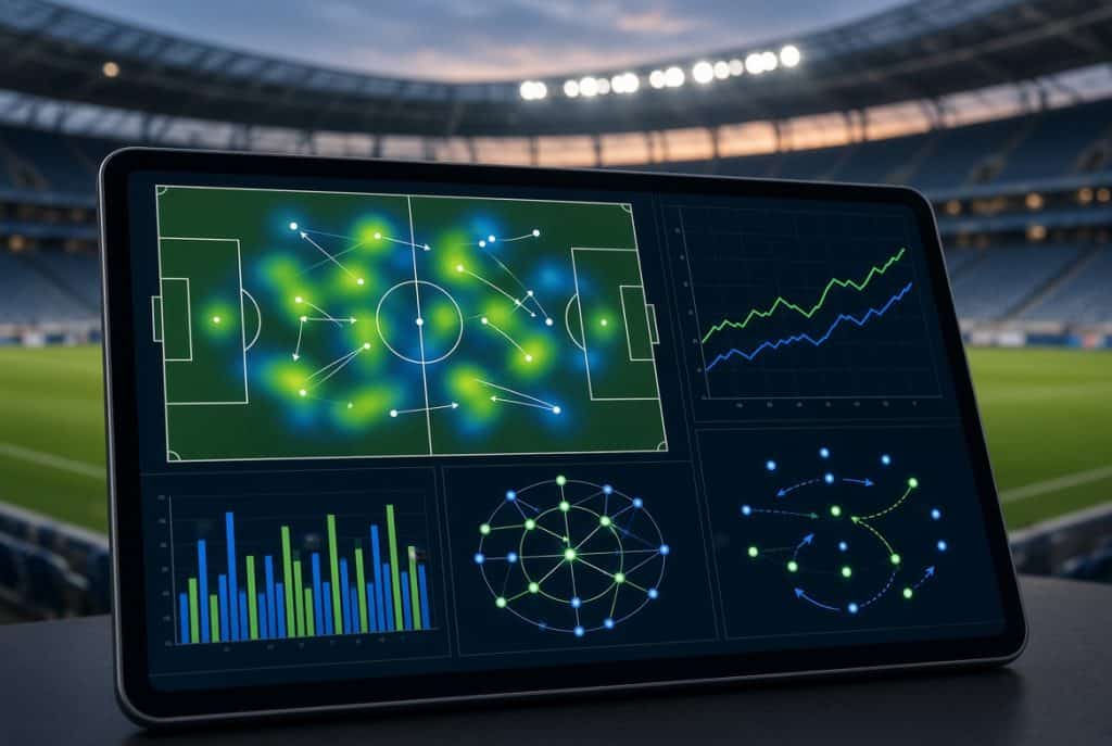 Tablette affichant une analyse tactique post-match avec heatmap, xG et diagrammes de données sur fond de stade