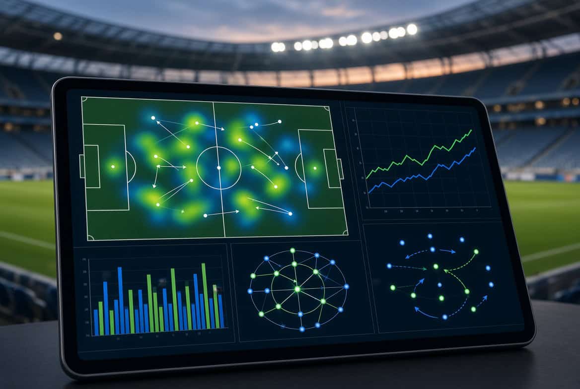 Tablette affichant une analyse tactique post-match avec heatmap, xG et diagrammes de données sur fond de stade