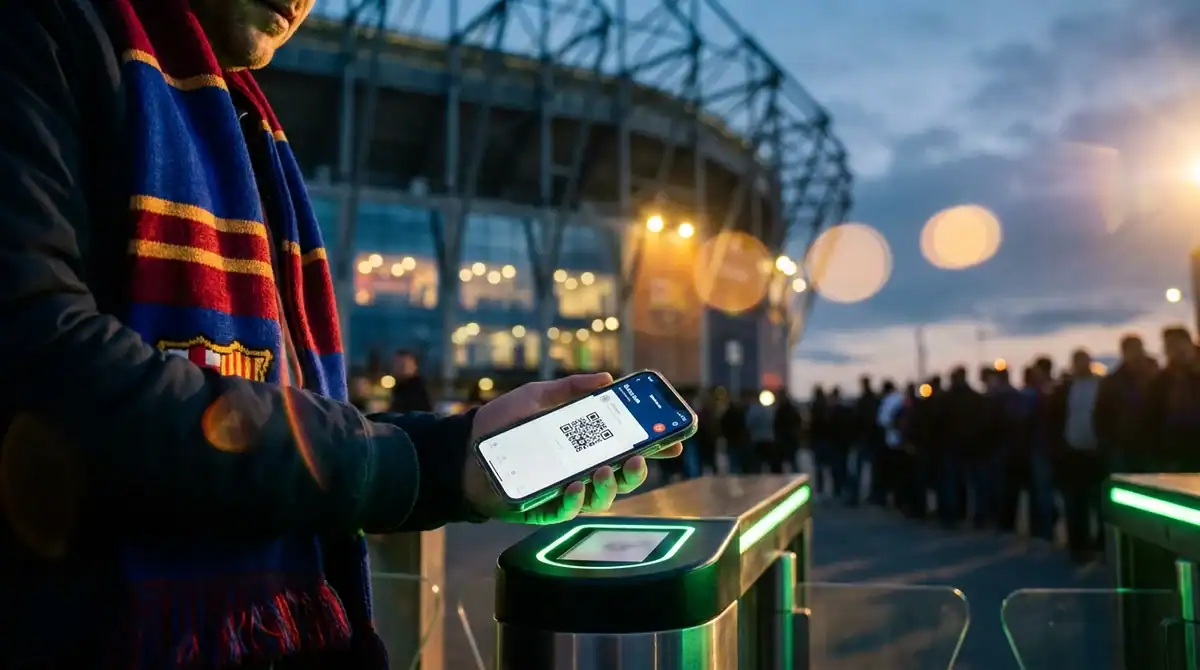Supporter tenant son smartphone devant les tourniquets d'un stade de Ligue 1 avant un match de la saison 2026-2027.
