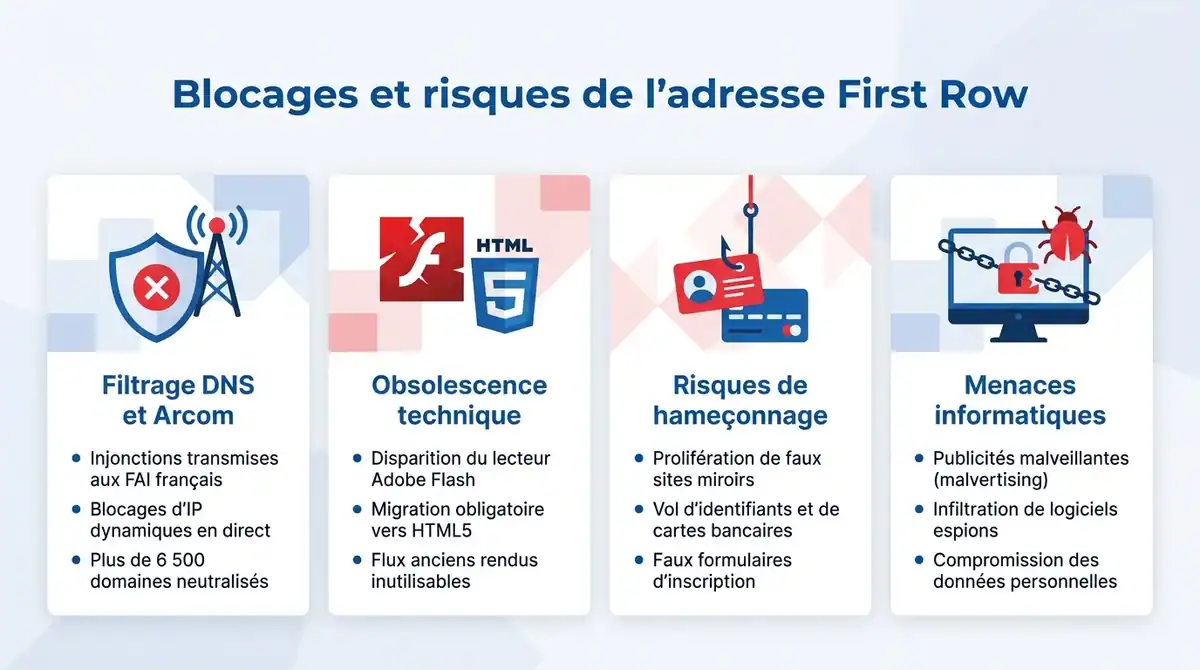 Infographie expliquant les blocages Arcom, les fermetures IP et les risques de cybersecurite lies a First Row.