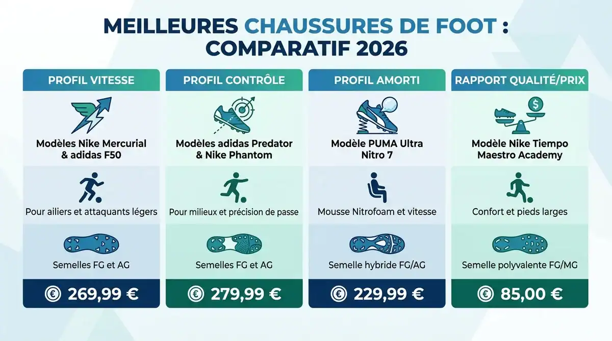 Infographie comparative des meilleures chaussures de foot 2026 selon les profils, prix et types de crampons FG et AG.