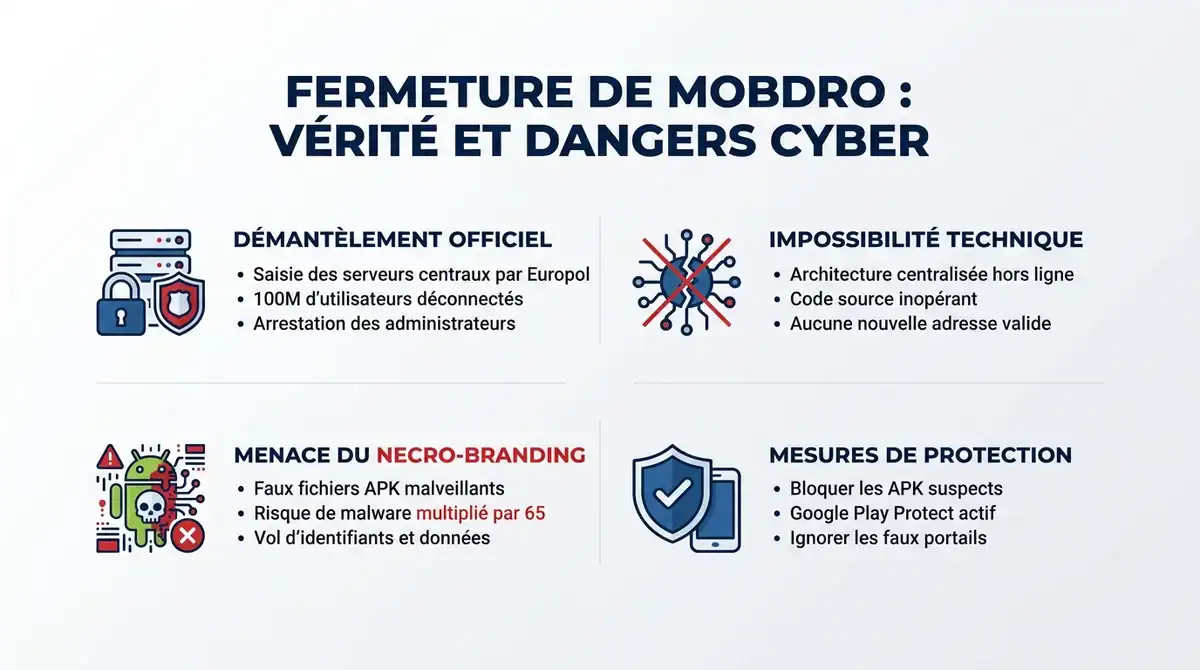 Infographie expliquant la fermeture définitive de Mobdro par Europol et les risques de malware liés aux faux APK.