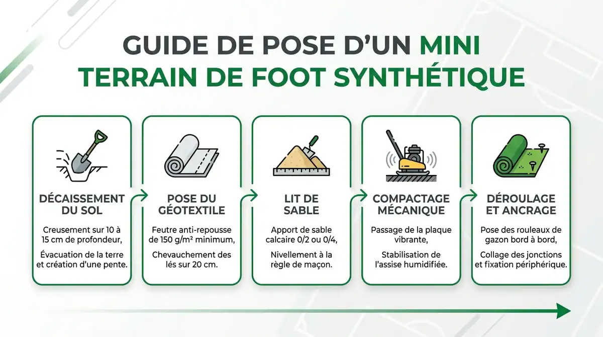 Infographie expliquant les etapes de pose d un mini terrain de foot synthetique du terrassement a la finition.