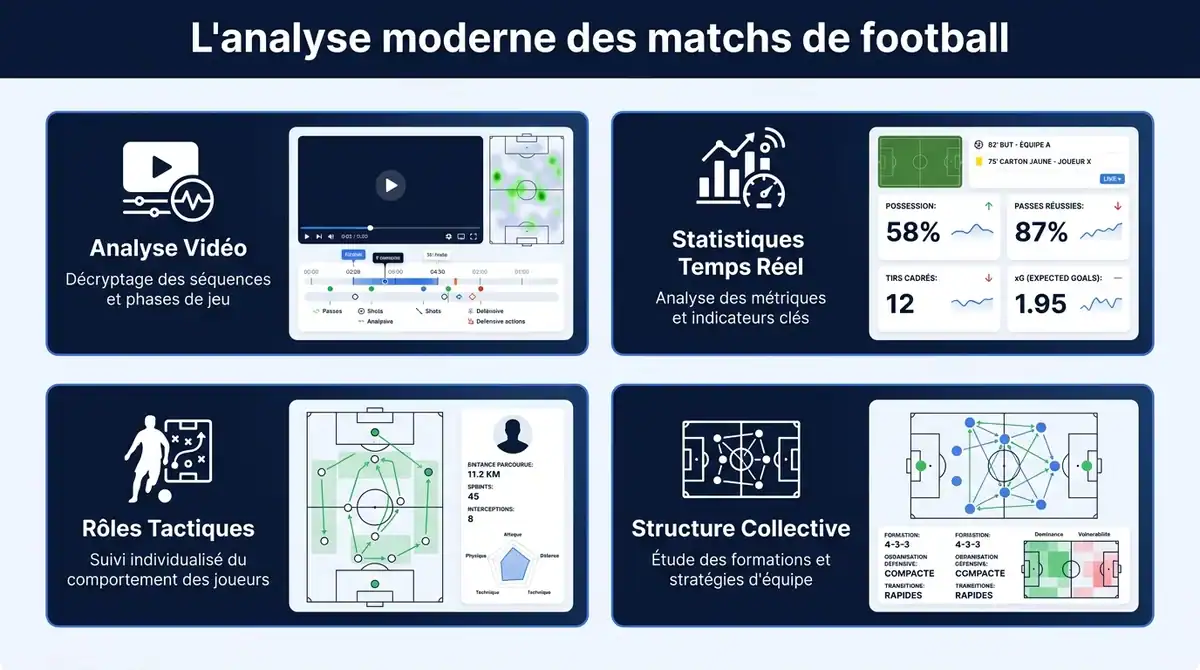 Infographie expliquant les piliers de l'analyse tactique et des données statistiques dans le football moderne.
