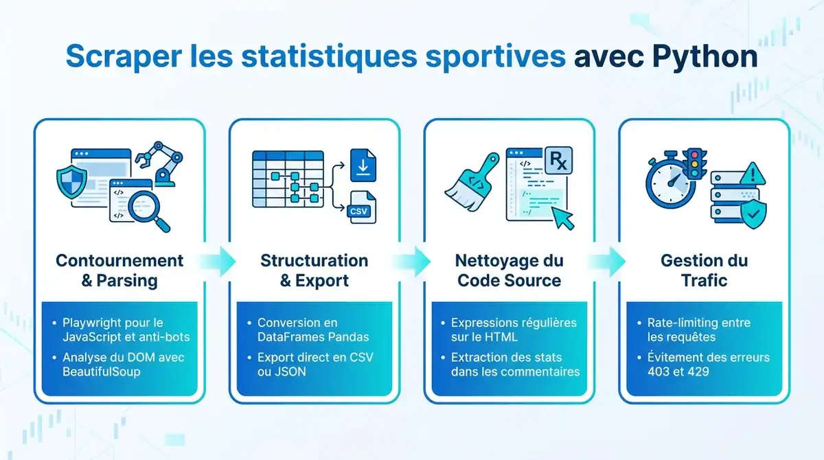 Infographie montrant le processus de scraping de statistiques sportives avec Python, Playwright, BeautifulSoup et Pandas.