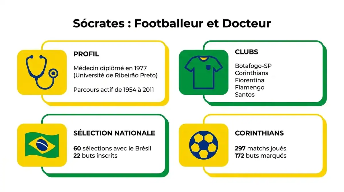 Infographie synthétisant la carrière et les statistiques clés de Sócrates, footballeur brésilien et médecin.