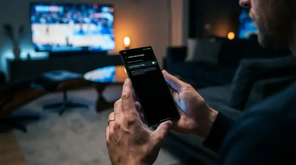 Installation d'une application de paris APK sur smartphone Android dans un salon moderne.