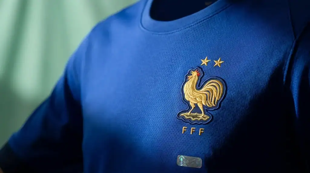 Gros plan sur le logo et les étoiles dorées du maillot officiel de l'équipe de France de football en studio