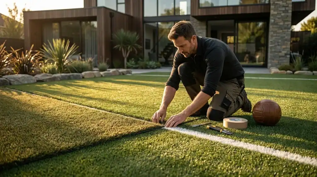 Installation d'un mini terrain de foot en gazon synthétique dans un jardin moderne avec outils de pose professionnels.