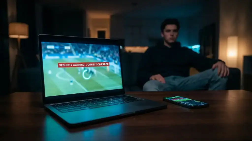 Ordinateur portable affichant un streaming de foot bloqué, illustrant les risques du site illégal First Row Sports.