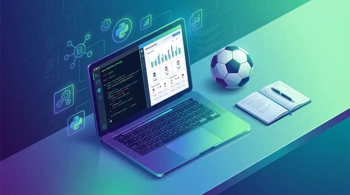 Bureau moderne avec ordinateur portable affichant du code Python pour le scraping de statistiques sportives.