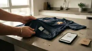 Fan inspectant le sceau d'authenticité d'un maillot de foot officiel lors de l'achat d'un équipement en promotion.