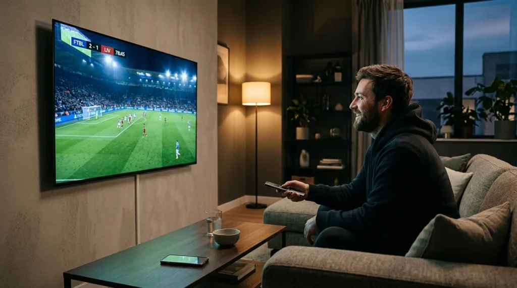 Salon moderne avec smartphone et TV pour regarder le streaming foot gratuit legalement en 2026