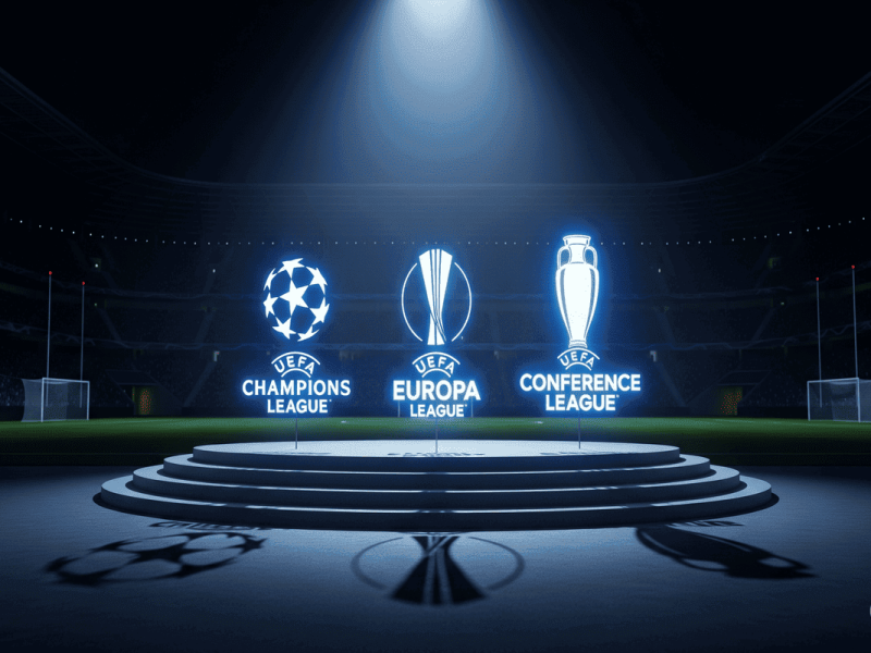 Les trois logos des coupes d'Europe de football 2025-2026 : Ligue des Champions, Ligue Europa et Ligue Europa Conférence