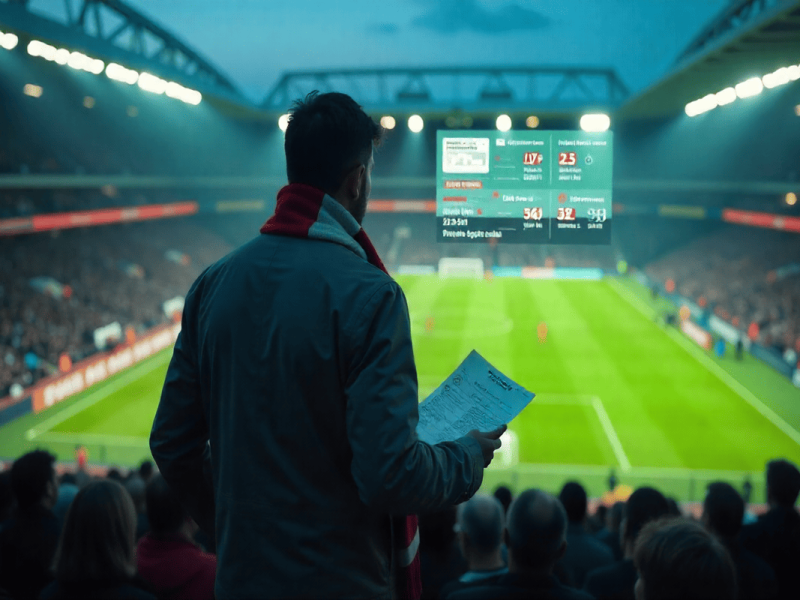 Supporter de football choisissant son abonnement de Ligue 1 avec vue sur le stade.