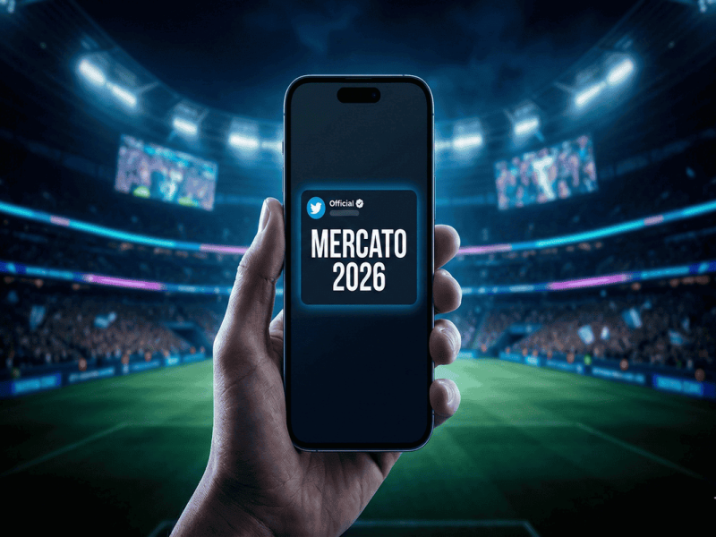 Smartphone affichant une application de football avec un stade futuriste en arrière-plan