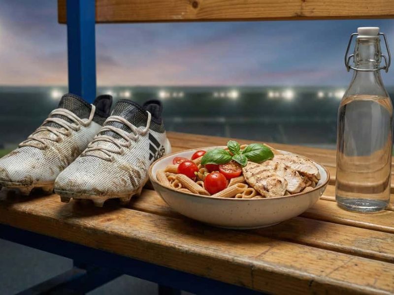 Une paire de chaussures de football posée à côté d'une assiette de pâtes équilibrée et d'une bouteille d'eau sur un banc de vestiaire.