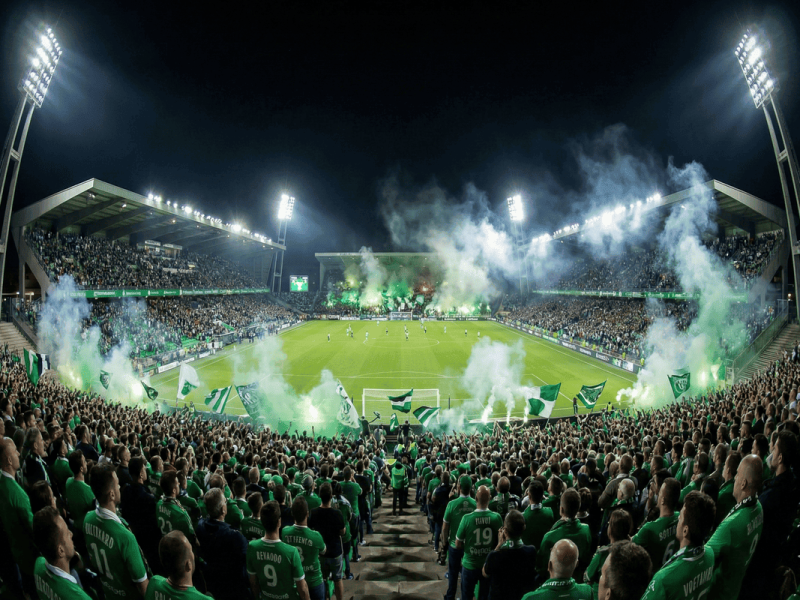 Supporters de l'ASSE mettant l'ambiance avec des fumigènes verts dans le stade Geoffroy-Guichard.