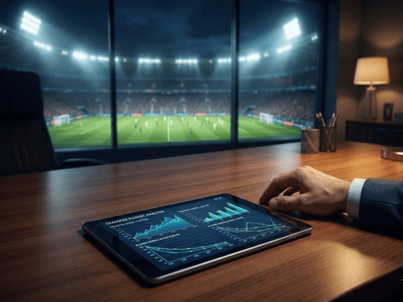 Concept art montrant un manager de football analysant des données financières sur une tablette avec un stade en arrière-plan.