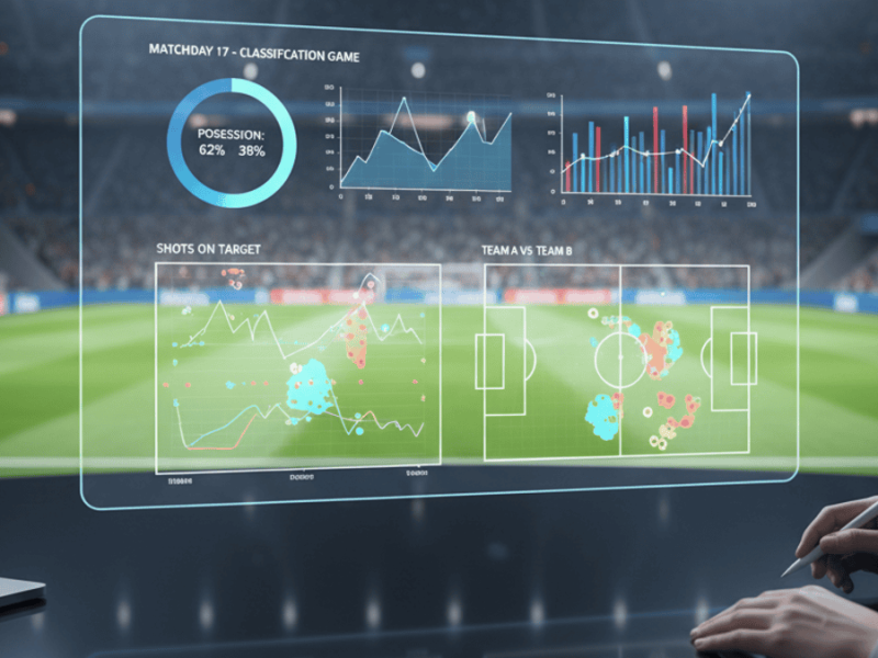 Analyse de données pour les paris sur le football affichée sur un écran holographique avec un stade en arrière-plan.