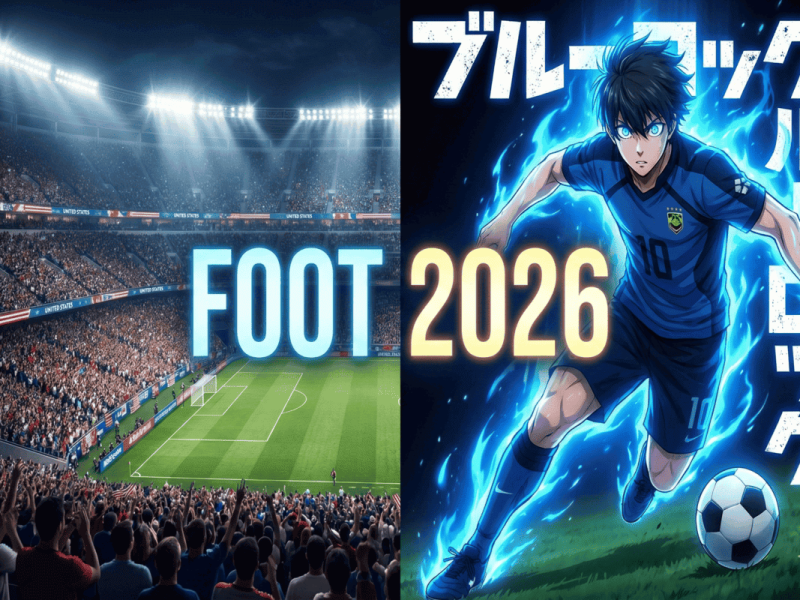 Illustration artistique fusionnant un stade de la Coupe du Monde 2026 et un joueur de football style manga.