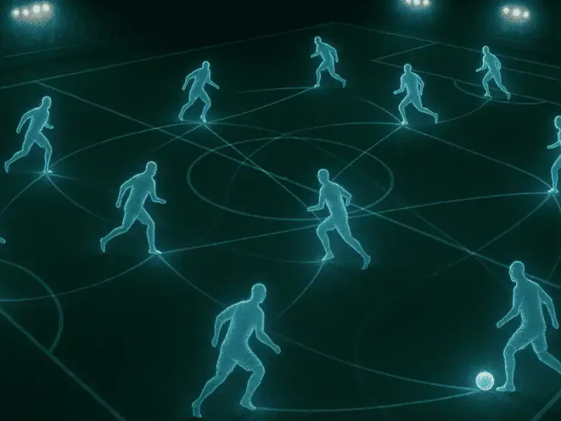Vue tactique d'un terrain de football illustrant l'art du mouvement sans ballon avec des lignes de course lumineuses.