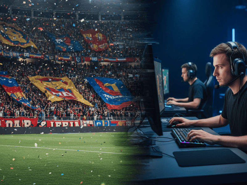 Fusion entre un stade de football réel en effervescence et une arène d'esport moderne avec un joueur concentré