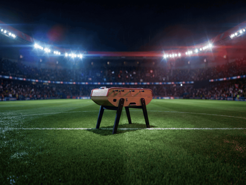 Table de babyfoot moderne au centre d'un stade de football illuminé, symbolisant le lien entre les deux sports.