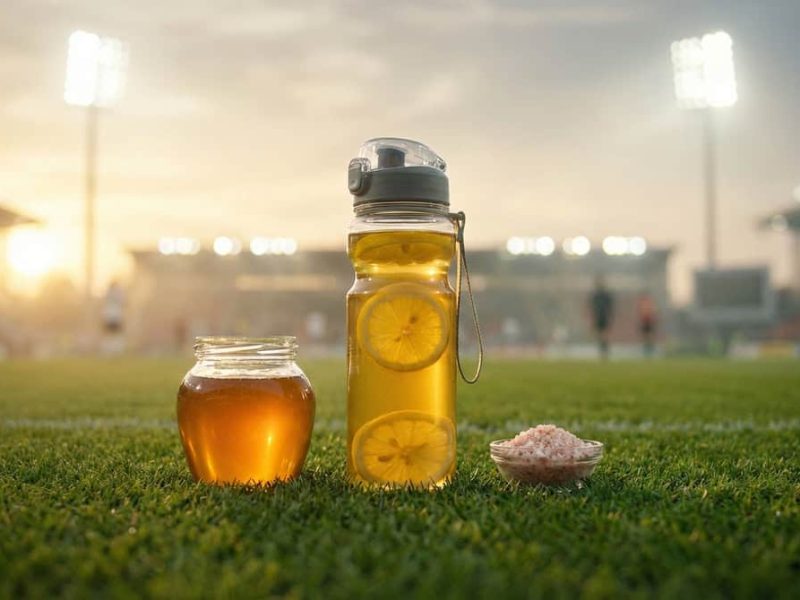 Bouteille de boisson isotonique maison posée sur une pelouse de football entourée de miel et de sel.