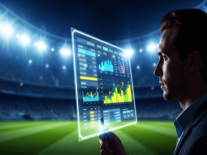 Un parieur analysant des statistiques de paris sportifs sur un écran holographique avec un stade de football en arrière-plan.