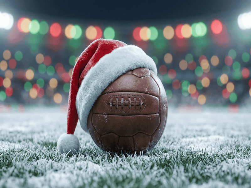 Ballon de football en cuir vintage posé sur un terrain enneigé avec un bonnet de Noël et des guirlandes floues en arrière-plan.