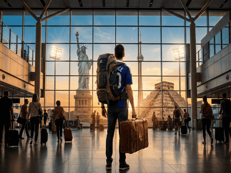 Supporter français à l'aéroport préparant son voyage pour la Coupe du Monde 2026 aux USA, Canada et Mexique