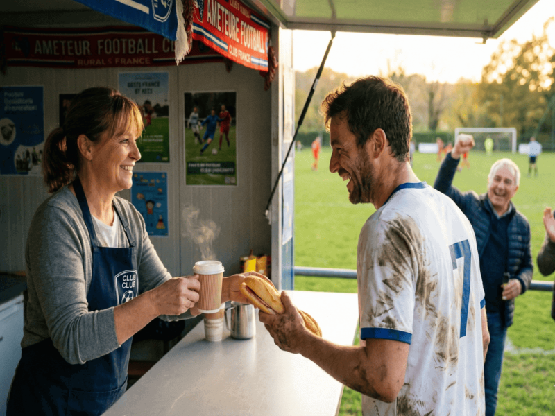 Bénévoles servant des joueurs à la buvette d'un club de football amateur.