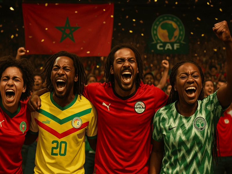 Guide complet du supporter pour la CAN 2025 au Maroc avec des fans en liesse dans un stade.