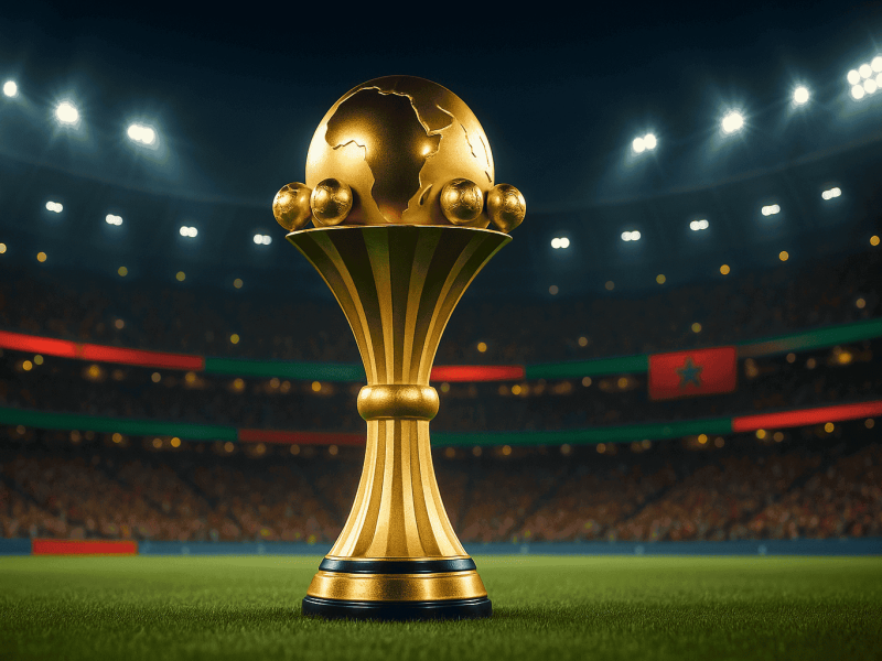 Trophée de la CAN 2025 au centre d'un stade au Maroc, symbolisant la compétition à venir