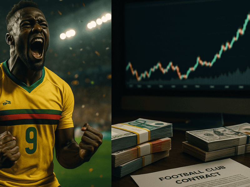 Impact financier de la CAN sur les clubs de football : un joueur célébrant à côté de graphiques économiques