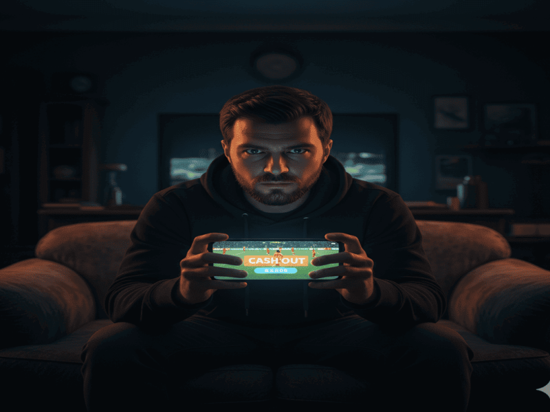 Parieur sportif tendu, réfléchissant à utiliser l'option cash out sur son téléphone devant un match de football.