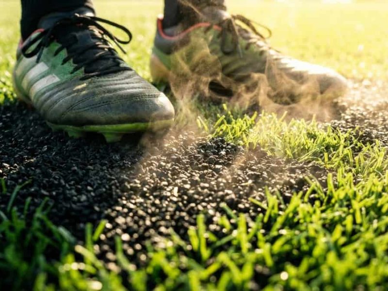 Chaussures de football sur gazon synthétique avec billes de caoutchouc noires sous une forte chaleur